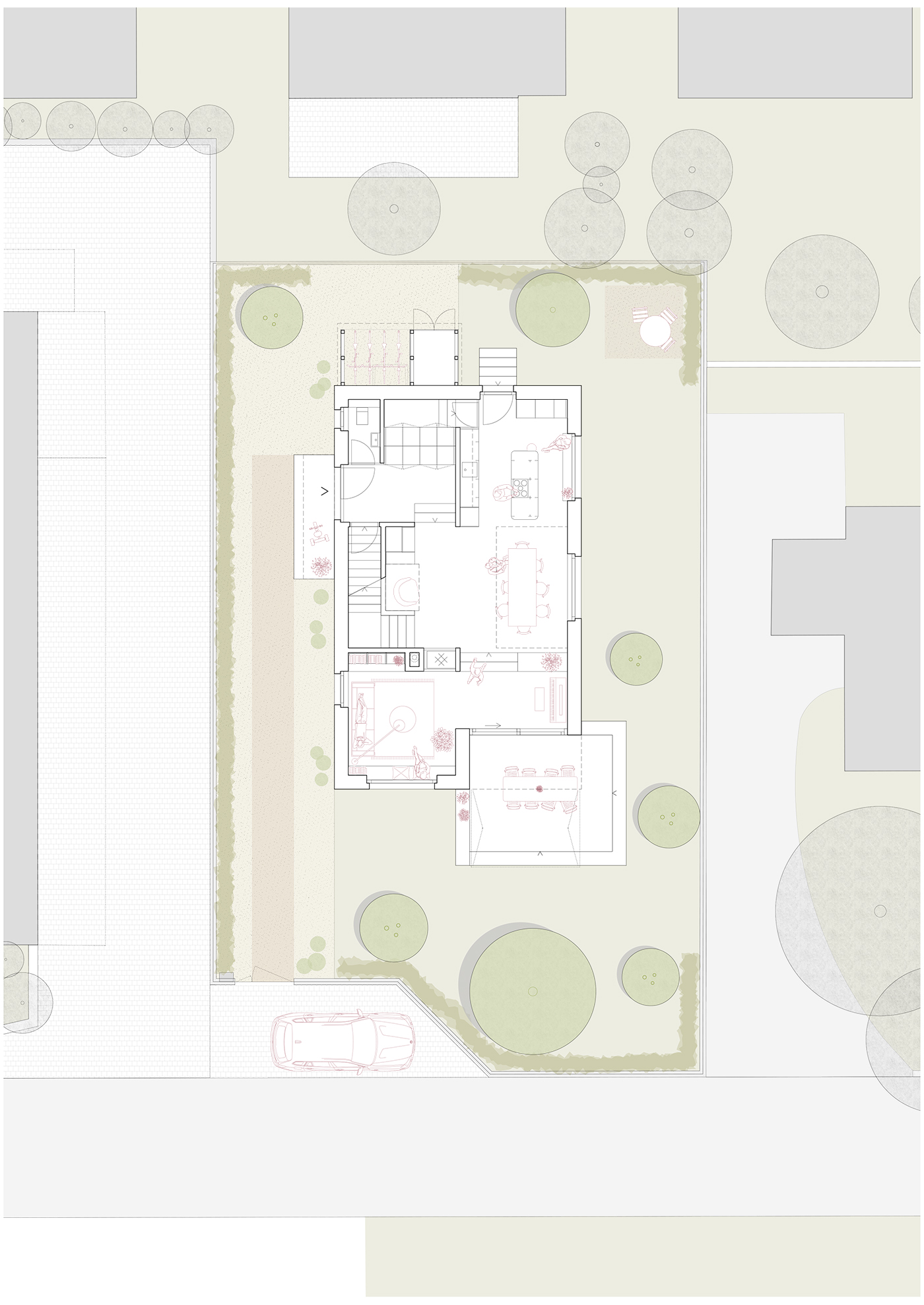 buan architekten – Ersatzneubau Einfamilienhaus Kriens – Erdgeschoss mit Umgebung